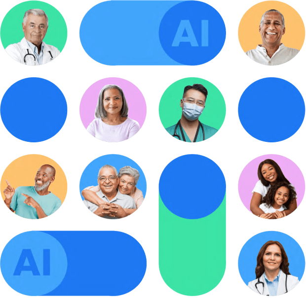 Graphic with by directional bubbles containing happy patients, happy healthcare workers and the letters AI to represent the ability of Artificial Intelligence to make healthcare more affordable and accessible to all.  